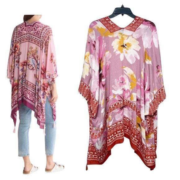 New Vince Camuto‎ Floral Print Tassel Trim Ruana in Pink Red One Size - Picture 2 of 9